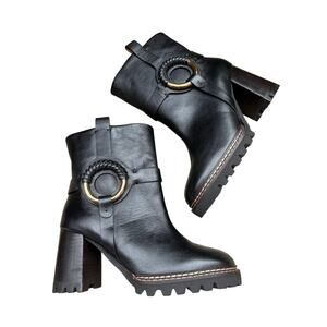 See by Chloé Hana Leather Harness Ankle Boots Black Lug Sole EU38/US8 NWOB